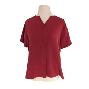 Talbots 100% Silk Blouse Womens Red Hidden Button Short Sleeve Minimalist Top 8